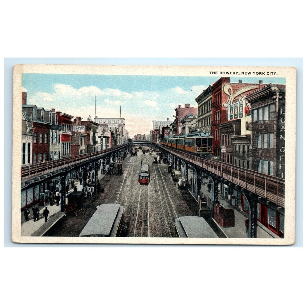 Vintage Postcard The Bowery Elevated Train Street Car New York City NY‎ ca 1914